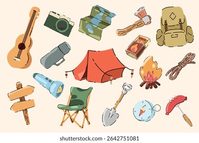 Um conjunto encantador de ícones vetoriais com camping essenciais: guitarra, tenda, lanterna, mochila, fogueira e muito mais. Aventura na natureza, design em viagens. Estilo de desenho animado plano brilhante