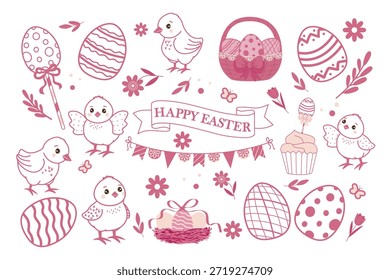 Charming set vector illustration of adorable Easter chicks, decorated eggs, and festive elements like a cupcake and floral decorations. Perfect for Easter-themed designs and greetings.