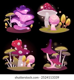 A charming set of vectors depicting magical mushrooms with curved caps among the grass on a black background. Perfect for a fantasy game, with a touch of magic