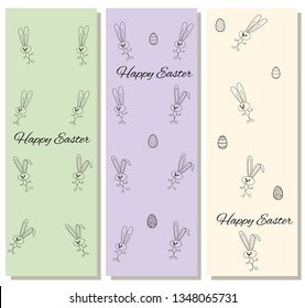 Charming set of vertical cards with contour easter rabbits on a gentle background. Herbal green, purple and peach colors. In cartoon style. Cute design with bunnies and eggs. vector illustration