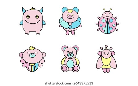 A charming set of vibrantly colored icons featuring various cute characters and toys like a monster, bear, and ladybug. Perfect for children's designs, games, and playful themes.