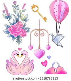 A charming set of watercolor illustrations featuring lovebirds, floral bouquet, vintage key, heart balloons, and whimsical accents.