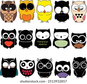 A charming set of whimsical owl illustrations in various colors and styles, featuring both cute and minimalistic designs. Perfect for children's decor or playful projects.