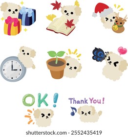 A charming set of white toy poodle icons full of adorable expressions!