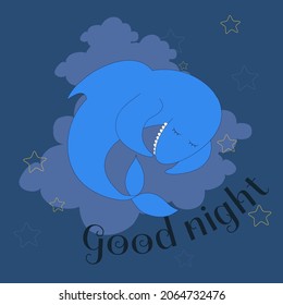 Der charmante Hai schläft süß in den Wolken. Vektorgrafik von Cartoon-Charakter. Text Goodnight.