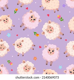 Charming sheeps or lambs with different emotions, colorful flowers, pink hearts and dots on a light purple background. Seamless doodle pattern. Suit for wrapping, textile, child room. Clipping.