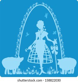 charming shepherdess with a staff and sheep
