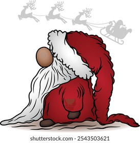 Charming side-view illustration of a dwarf Santa alongside a festive reindeer sleigh. Captures holiday spirit with intricate details, perfect for Christmas decor, greeting cards, and festive projects