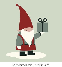 A charming side-view illustration of a Scandinavian Christmas gnome (Tomte) holding a wrapped gift in one hand.