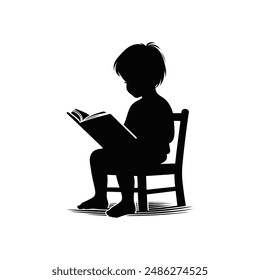 Charming Silhouette of Child Reading Book - Black and White Vector Art for Education, Learning, and Childhood Concepts