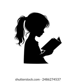 Charming Silhouette of Child Reading Book - Black and White Vector Art for Education, Learning, and Childhood Concepts