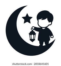 A charming silhouette illustration depicts a small child holding a glowing lantern while sitting on a crescent moon, accompanied by a star, evoking a sense of wonder and nighttime magic.