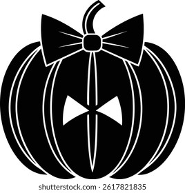 Charmosa silhueta ilustração de uma abóbora adornada com uma elegante gravata borboleta. Perfeito para designs festivos, temas de Halloween ou decoração de outono, misturando elegância com diversão sazonal em um gráfico único.