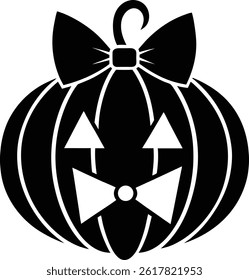 Charmosa silhueta ilustração de uma abóbora adornada com uma elegante gravata borboleta. Perfeito para designs festivos, temas de Halloween ou decoração de outono, misturando elegância com diversão sazonal em um gráfico único.