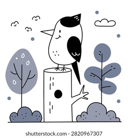 A charming and simple black and white doodle illustration of a small happy bird perched atop a wooden tree stump