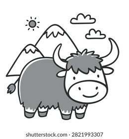A charming and simple black and white drawing of a friendly yak with large horns and fluffy fur.