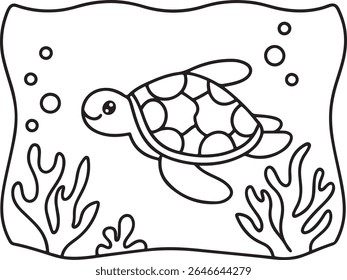 A charming, simple black and white line drawing of a happy sea turtle swimming underwater amidst coral and bubbles. Ideal for children's books or coloring pages.