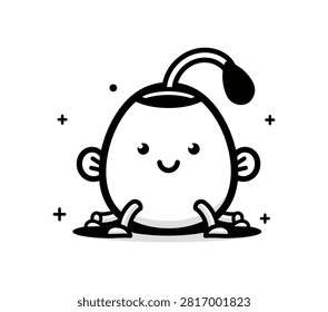 A charming and simple black and white vector illustration of a happy, personified teapot character, designed in a playful, minimalist cartoon style.