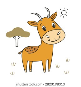 A charming and simple cartoon drawing of a young gazelle with small horns and spotted fur standing on a white background