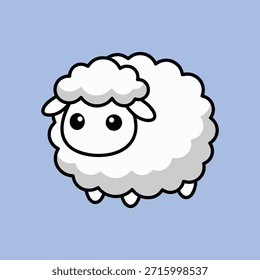 Una ilustración de dibujos animados encantadora y simple de una oveja blanca esponjosa con ojos grandes, sobre un fondo azul suave.