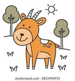 A charming and simple cartoon illustration of a friendly little goat with small horns and a smiling face in a whimsical style.
