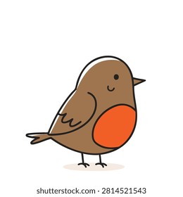 A charming and simple cartoon illustration of a round robin bird with a bright orange breast and brown plumage isolated on a white background