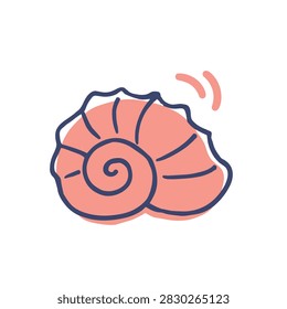 A charming and simple cartoon seashell illustration with soft pink coloring and a dark outline isolated on a white background