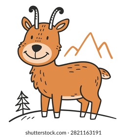 A charming and simple cartoon style illustration of a friendly mountain goat with small horns, drawn with bold outlines and flat colors.