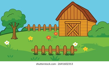 A charming and simple cartoon vector illustration depicting a peaceful farm landscape with a wooden barn, green tree, bushes, a picket fence, and colorful flowers under a clear blue sky