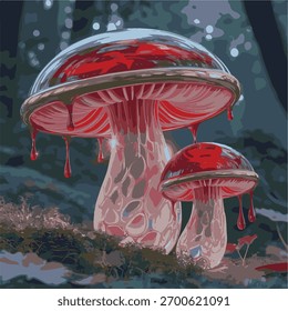 A charming and simple design featuring three mushrooms with big, expressive faces. Each mushroom has a distinct personality