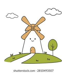 A charming and simple doodle of a happy windmill character with a friendly face standing on a grassy hill