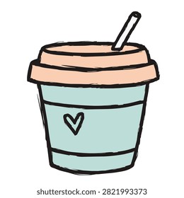 A charming, simple doodle of a light blue disposable coffee cup with a pink lid and a small heart icon on the front, featuring a straw.