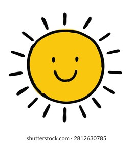 A charming and simple doodle of a yellow sun with a happy smiling face and radiating sunbeams on a white background