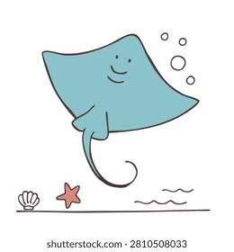 A charming and simple hand drawn illustration of a smiling blue stingray surrounded by bubbles with a seashell and starfish nearby