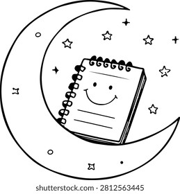 A charming and simple hand-drawn illustration featuring a spiral-bound notebook with a smiling face expression resting inside a crescent moon surrounded by twinkling stars. This artistic sketch is perfect for journals, kids projects, or planners.