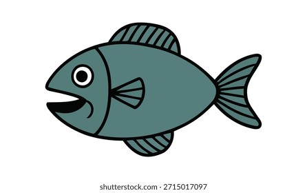 Una ilustración de estilo encantadora, simple y dibujada a mano de un pez verde con contornos negros audaces, con una boca abierta y aletas distintivas, perfecto para temas acuáticos educativos o lúdicos.