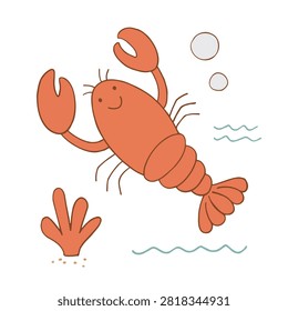 A charming and simple hand-drawn style illustration of a happy orange lobster swimming underwater with coral and bubbles