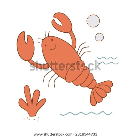 A charming and simple hand-drawn style illustration of a happy orange lobster swimming underwater with coral and bubbles