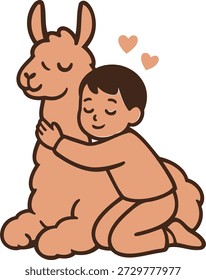 Una encantadora y sencilla ilustración representa a un Pequeño niño con el pelo oscuro abrazando tiernamente una Grande y esponjosa llama marrón. Tanto el niño como la llama tienen los ojos cerrados, transmitiendo una sensación de paz, consuelo y profundo afecto compartido entre ellos. Dos Pequeños símbolos del corazón flotan sobre sus cabezas, enfatizando aún más el vínculo amoroso. La obra de arte utiliza un estilo limpio y caricaturesco con contornos suaves y una paleta de colores limitada, lo que la hace sentir cálida y acogedora. La llama está sentada, su suave pelaje proporciona un abrazo reconfortante para el niño que se acurruca contra ella. Esta Imagen evoca sentimientos de compañerismo, amor y amistad gentil.