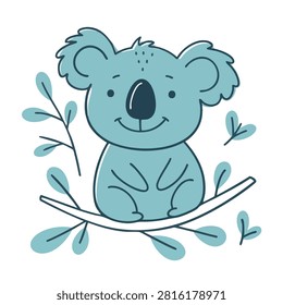 A charming and simple illustration of a friendly blue koala bear sitting peacefully on a tree branch surrounded by stylized leaves.