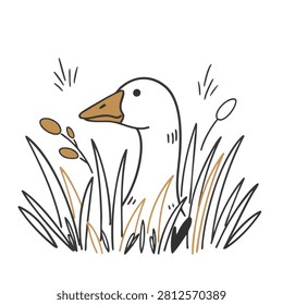 A charming and simple line art drawing of a goose head peeking out from behind reeds and tall grass in a whimsical style