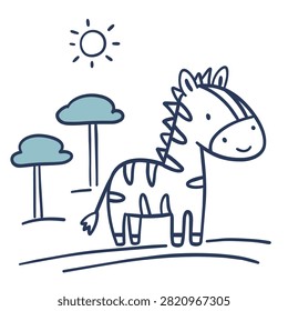 A charming and simple line art drawing of a cute little zebra standing in a stylized savanna setting