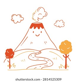 A charming and simple line art illustration of a smiling volcano with smoke puffing from its top, surrounded by trees and a winding path.