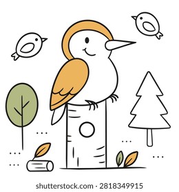 A charming and simple line art illustration featuring a happy woodpecker sitting on a wooden stump surrounded by small birds and forest elements