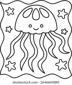 A charming, simple line drawing of a happy jellyfish with flowing tentacles, surrounded by playful starfish. This black and white illustration is perfect for coloring pages and children's designs.