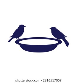 Charming simple minimalist dark blue bird silhouettes perched on the edge of a clean bird bath feeder bowl illustration