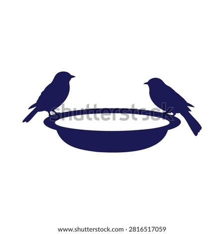 Charming simple minimalist dark blue bird silhouettes perched on the edge of a clean bird bath feeder bowl illustration