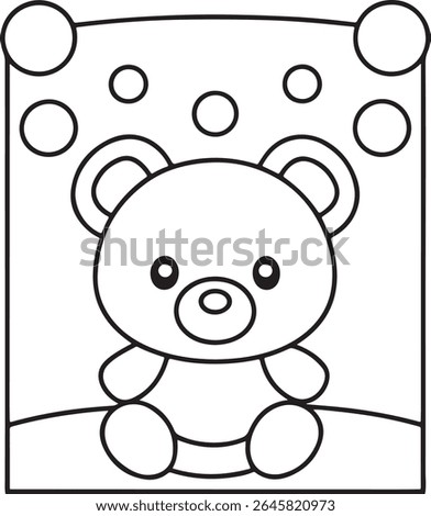 A charming, simple outline drawing of a teddy bear sitting and looking forward, with circles scattered around its head, isolated on a white background.
