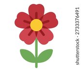 A charming, simple red flower with a bright yellow center and green stem and leaves, featuring subtle transparency effects, depicted in a flat, cheerful style on a clean white background, symbolizing joy.