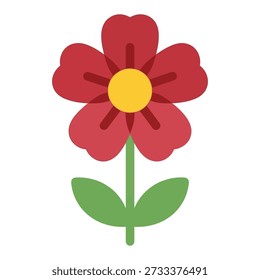 A charming, simple red flower with a bright yellow center and green stem and leaves, featuring subtle transparency effects, depicted in a flat, cheerful style on a clean white background, symbolizing joy.